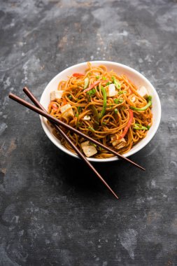 Schezwan hakka erişte paneer veya süzme peynir ile. Bir kasede servis. seçici odak