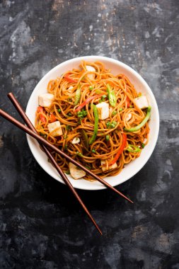 Schezwan hakka erişte paneer veya süzme peynir ile. Bir kasede servis. seçici odak