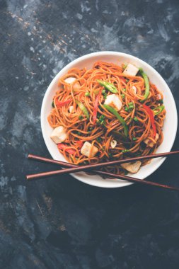 Schezwan hakka erişte paneer veya süzme peynir ile. Bir kasede servis. seçici odak