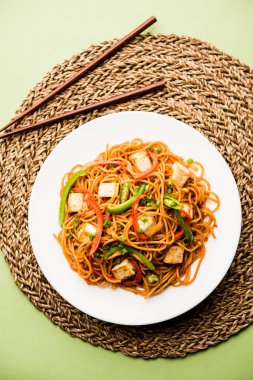 Schezwan hakka erişte paneer veya süzme peynir ile. Bir kasede servis. seçici odak