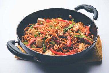 Schezwan hakka erişte paneer veya süzme peynir ile. Bir kasede servis. seçici odak