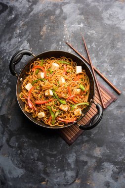 Schezwan hakka erişte paneer veya süzme peynir ile. Bir kasede servis. seçici odak