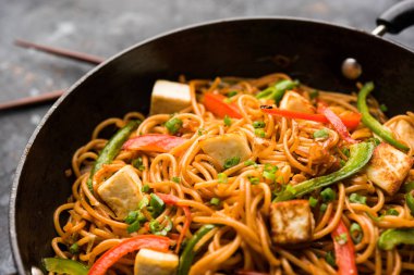 Schezwan hakka erişte paneer veya süzme peynir ile. Bir kasede servis. seçici odak