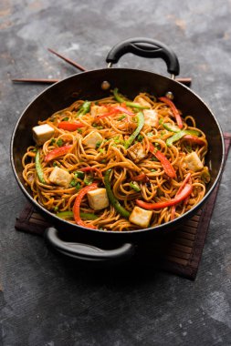 Schezwan hakka erişte paneer veya süzme peynir ile. Bir kasede servis. seçici odak