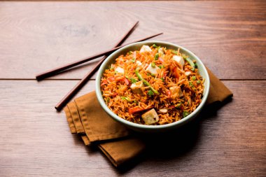 Schezwan paneer kızarmış pilav Szechuan sos ve peynir küpleri ile. bir kase ya da plaka veya tava servis. seçici odak