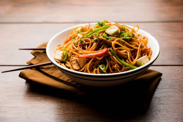 Schezwan hakka erişte paneer veya süzme peynir ile. Bir kasede servis. seçici odak