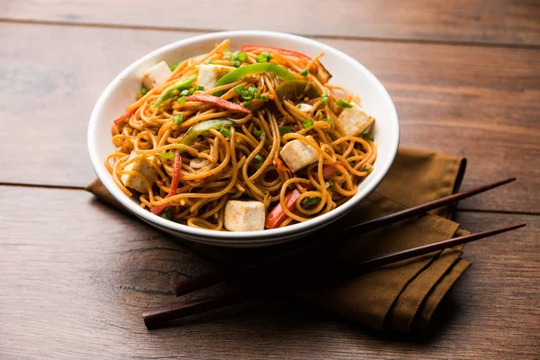 Schezwan hakka erişte paneer veya süzme peynir ile. Bir kasede servis. seçici odak