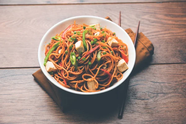 Schezwan hakka erişte paneer veya süzme peynir ile. Bir kasede servis. seçici odak