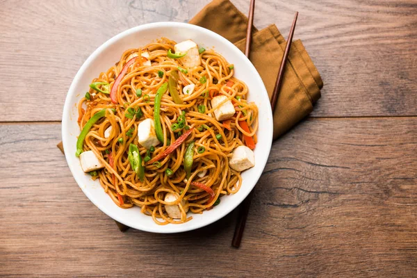 Schezwan hakka erişte paneer veya süzme peynir ile. Bir kasede servis. seçici odak