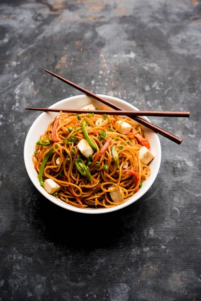 Schezwan hakka erişte paneer veya süzme peynir ile. Bir kasede servis. seçici odak