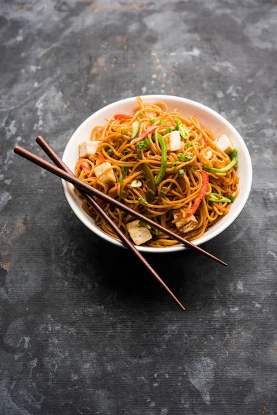 Schezwan hakka erişte paneer veya süzme peynir ile. Bir kasede servis. seçici odak