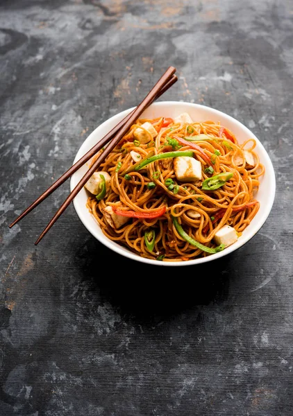 Schezwan hakka erişte paneer veya süzme peynir ile. Bir kasede servis. seçici odak