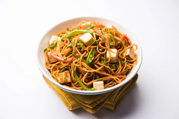 Schezwan hakka erişte paneer veya süzme peynir ile. Bir kasede servis. seçici odak