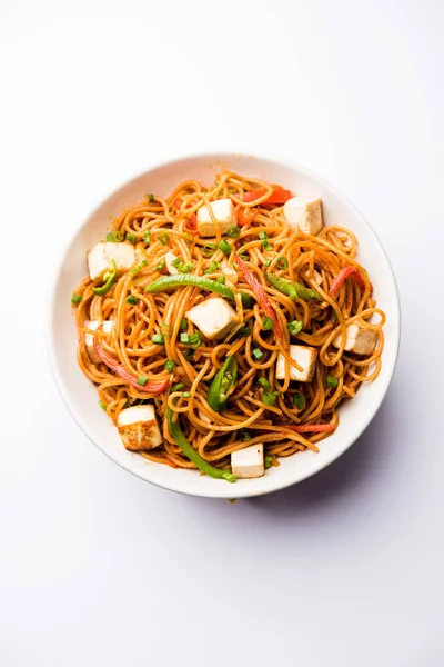 Schezwan hakka erişte paneer veya süzme peynir ile. Bir kasede servis. seçici odak