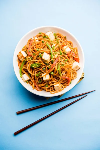 Schezwan hakka erişte paneer veya süzme peynir ile. Bir kasede servis. seçici odak