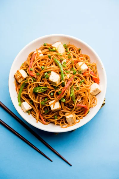 Macarrão Schezwan Hakka Com Paneer Queijo Cottage Servido Numa Tigela — Fotografia de Stock