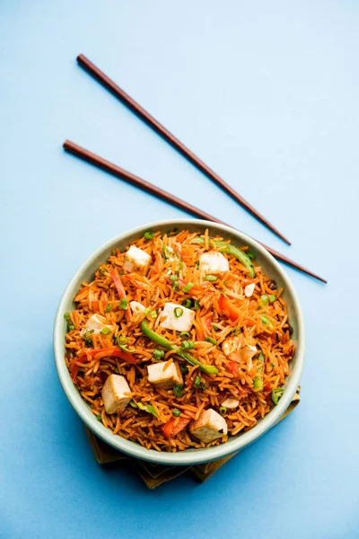 Macarrão Schezwan Hakka Com Paneer Queijo Cottage Servido Numa Tigela — Fotografia de Stock