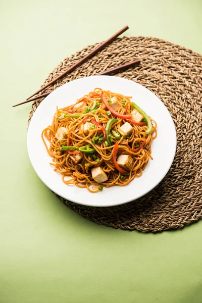 Schezwan hakka erişte paneer veya süzme peynir ile. Bir kasede servis. seçici odak