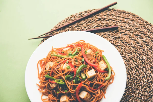 Schezwan hakka erişte paneer veya süzme peynir ile. Bir kasede servis. seçici odak