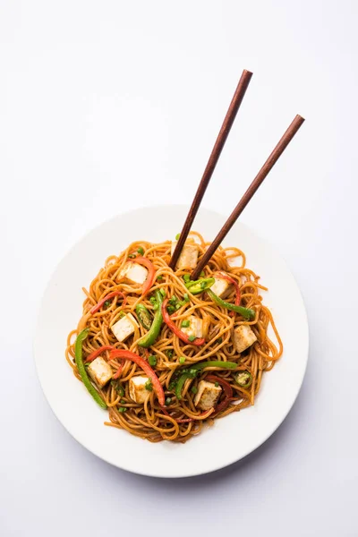 Schezwan Hakka Noodles Paneer Τυρί Cottage Σερβίρεται Ένα Μπολ Επιλεκτική — Φωτογραφία Αρχείου