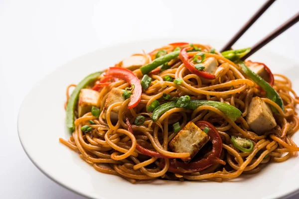 Fideos Schezwan Hakka Con Paneer Requesón Sirve Tazón Enfoque Selectivo — Foto de Stock