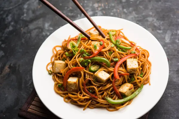 Schezwan hakka erişte paneer veya süzme peynir ile. Bir kasede servis. seçici odak