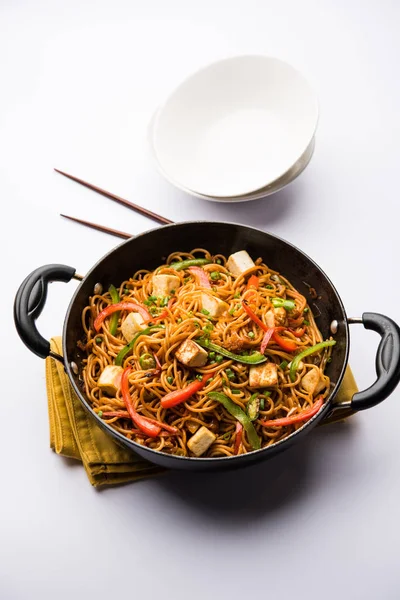 Schezwan hakka erişte paneer veya süzme peynir ile. Bir kasede servis. seçici odak