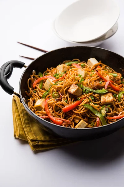 Schezwan hakka erişte paneer veya süzme peynir ile. Bir kasede servis. seçici odak