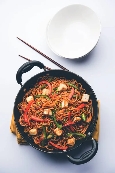 Schezwan hakka erişte paneer veya süzme peynir ile. Bir kasede servis. seçici odak