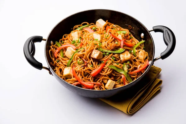 Schezwan hakka erişte paneer veya süzme peynir ile. Bir kasede servis. seçici odak