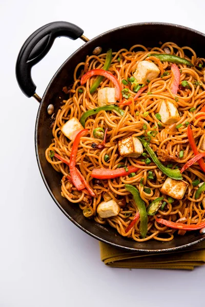 Schezwan hakka erişte paneer veya süzme peynir ile. Bir kasede servis. seçici odak