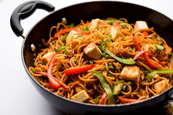 Schezwan hakka erişte paneer veya süzme peynir ile. Bir kasede servis. seçici odak