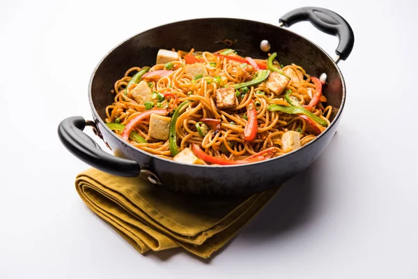 Schezwan Hakka Noodles Paneer Cottage Cheese Served Bowl Selective Focus — Stock Photo, Image