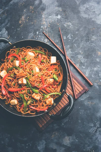 Schezwan hakka erişte paneer veya süzme peynir ile. Bir kasede servis. seçici odak