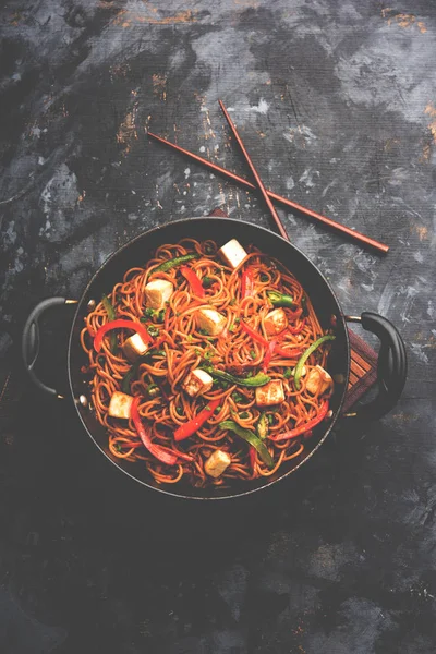 Schezwan hakka erişte paneer veya süzme peynir ile. Bir kasede servis. seçici odak