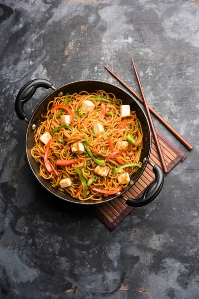 Schezwan hakka erişte paneer veya süzme peynir ile. Bir kasede servis. seçici odak