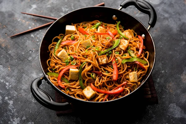 Schezwan hakka erişte paneer veya süzme peynir ile. Bir kasede servis. seçici odak