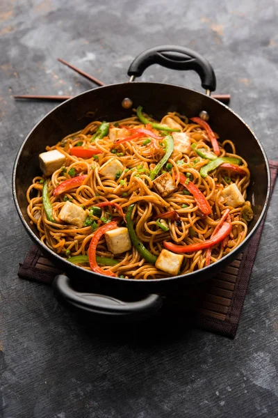 Schezwan hakka erişte paneer veya süzme peynir ile. Bir kasede servis. seçici odak