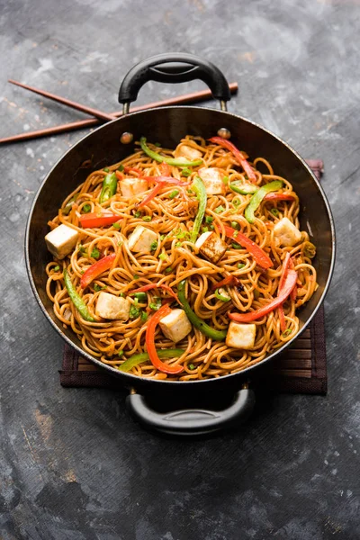 Schezwan hakka erişte paneer veya süzme peynir ile. Bir kasede servis. seçici odak