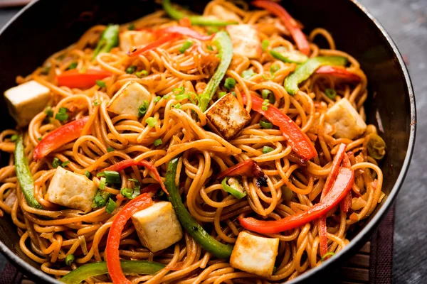 Schezwan hakka erişte paneer veya süzme peynir ile. Bir kasede servis. seçici odak