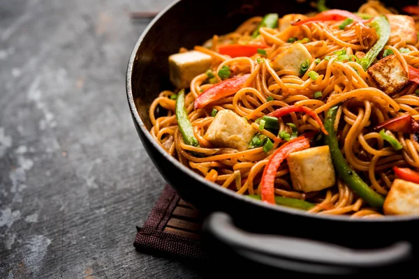 Schezwan hakka erişte paneer veya süzme peynir ile. Bir kasede servis. seçici odak