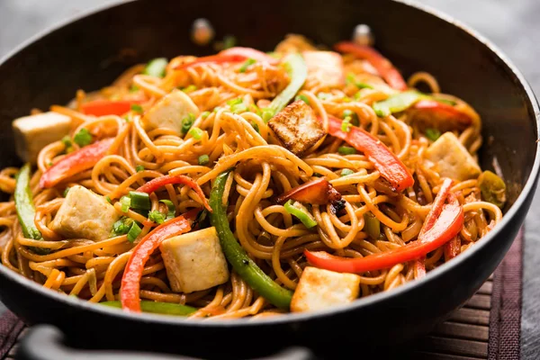 Schezwan hakka erişte paneer veya süzme peynir ile. Bir kasede servis. seçici odak