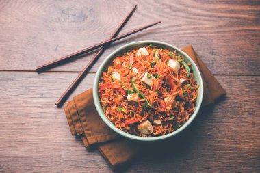 Schezwan paneer kızarmış pilav Szechuan sos ve peynir küpleri ile. bir kase ya da plaka veya tava servis. seçici odak