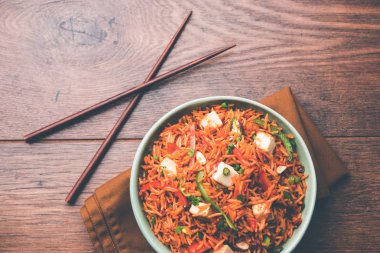 Schezwan paneer kızarmış pilav Szechuan sos ve peynir küpleri ile. bir kase ya da plaka veya tava servis. seçici odak