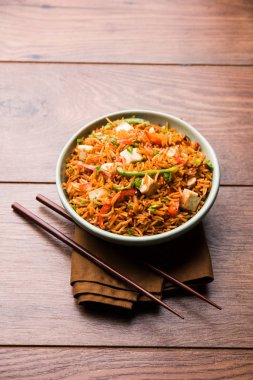 Schezwan paneer kızarmış pilav Szechuan sos ve peynir küpleri ile. bir kase ya da plaka veya tava servis. seçici odak