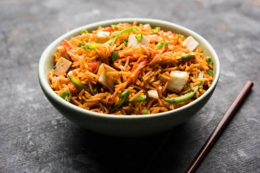 Schezwan paneer kızarmış pilav Szechuan sos ve peynir küpleri ile. bir kase ya da plaka veya tava servis. seçici odak