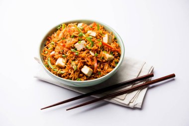Schezwan paneer kızarmış pilav Szechuan sos ve peynir küpleri ile. bir kase ya da plaka veya tava servis. seçici odak