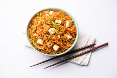 Schezwan paneer kızarmış pilav Szechuan sos ve peynir küpleri ile. bir kase ya da plaka veya tava servis. seçici odak