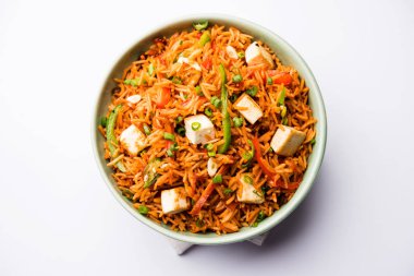 Schezwan paneer kızarmış pilav Szechuan sos ve peynir küpleri ile. bir kase ya da plaka veya tava servis. seçici odak