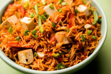 Schezwan paneer kızarmış pilav Szechuan sos ve peynir küpleri ile. bir kase ya da plaka veya tava servis. seçici odak